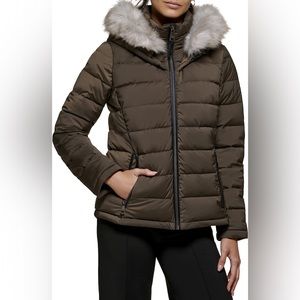 DKNY Faux Fur Trim Hooded Puffer, Loden